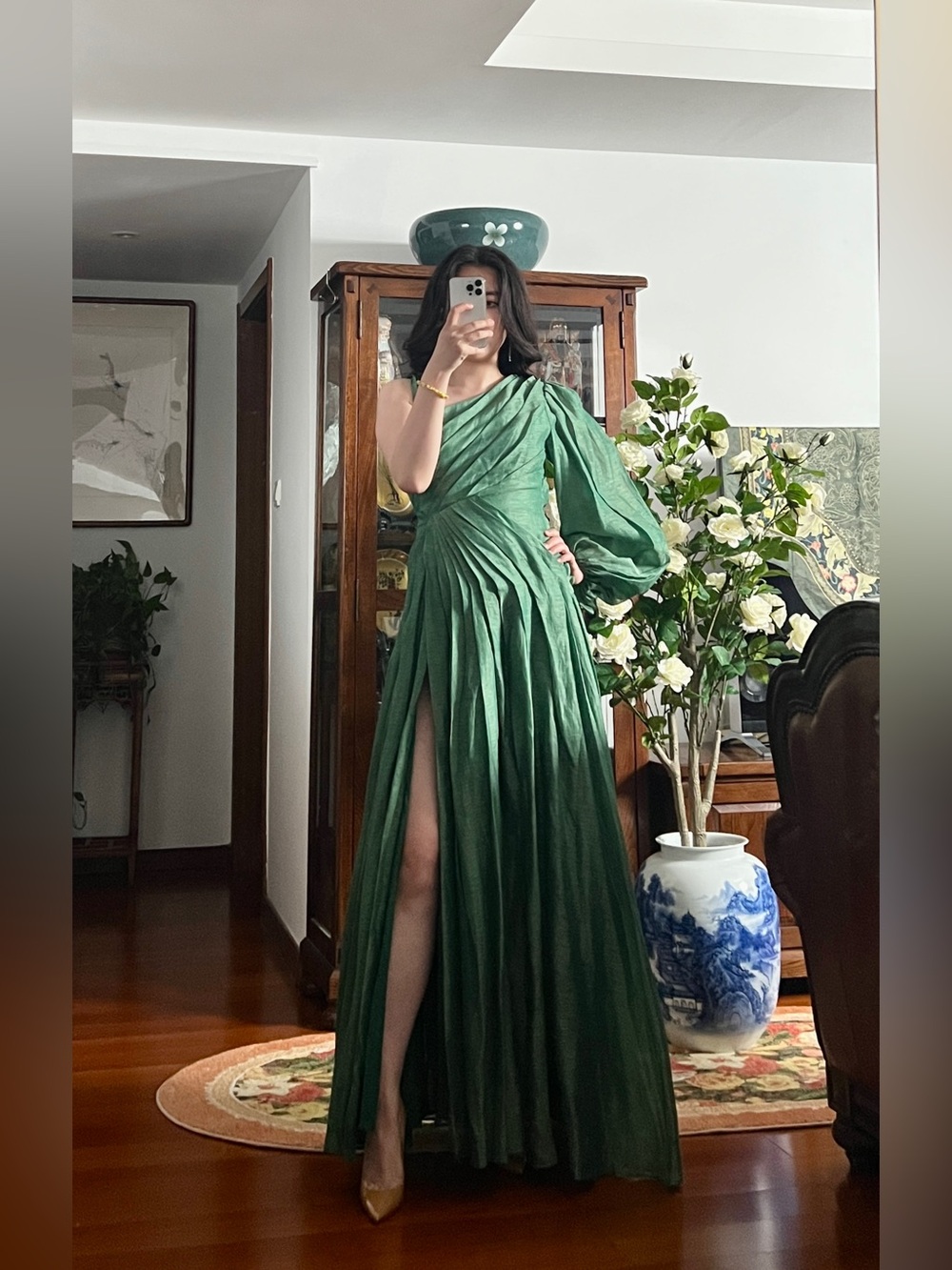 Leo Lin Abby Forest Green One Shoulder High Slit Linen Maxi Dress AU8/US4 NWOT